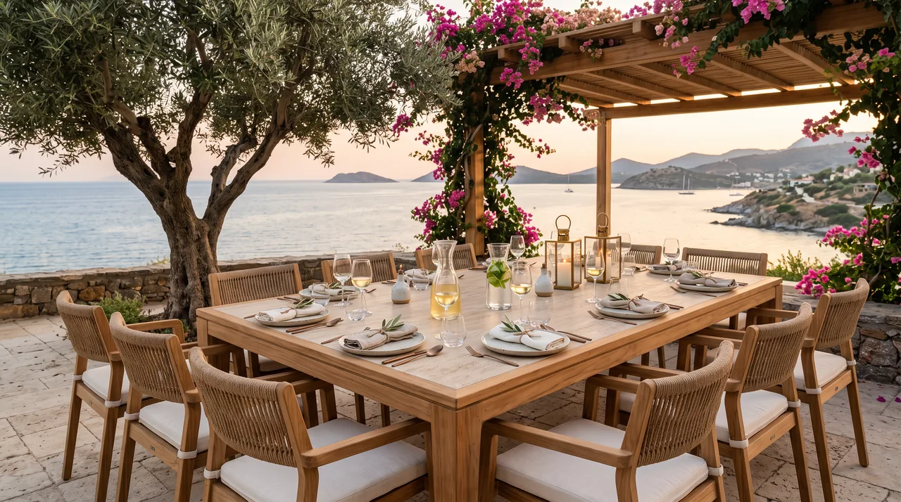 Gedeckter Tisch unter einer Pergola am Meer