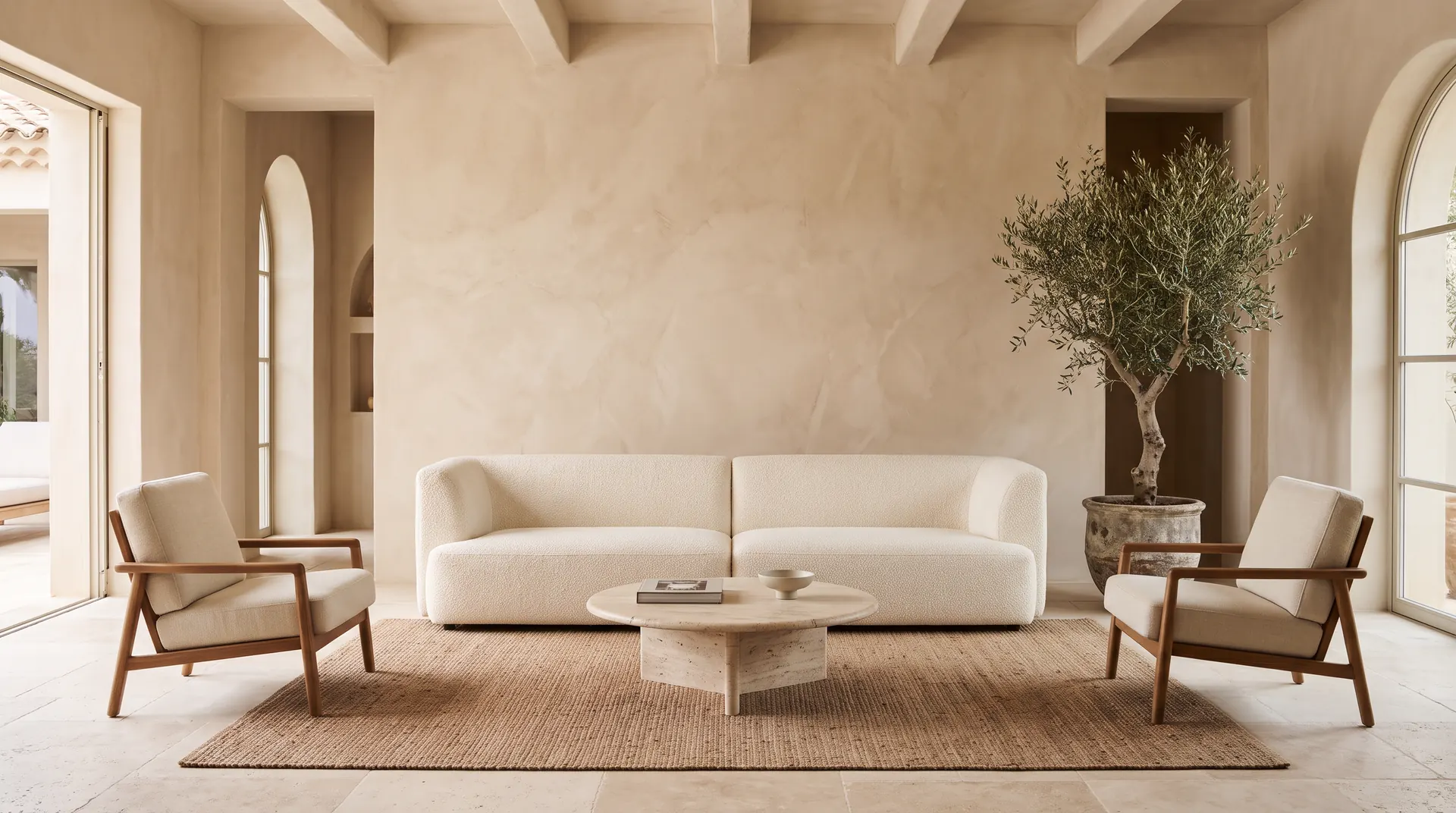 Indoor-Lounge mit Bouclé-Sofa